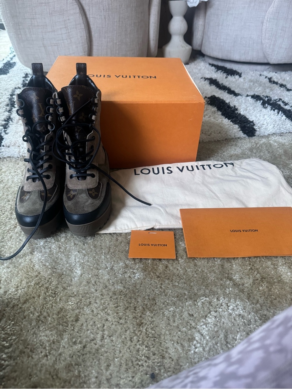Louis Vuitton Brown and Black Monogram Lace-Up Combat Boots